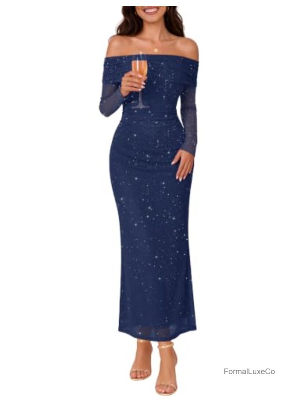 Off Shoulder Sparkly Mesh Long Sleeve Bodycon Cocktail Dress